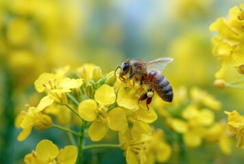 Close-up of a bee collecting nectar from vibrant yellow flowers in a lush garden scene