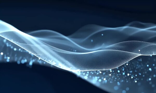 Abstract blue wave of digital data flow background, a technology concept banner with copy space, on a dark-colored background.

