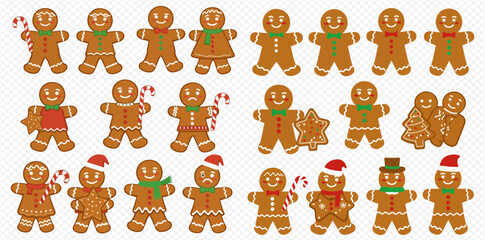 A festive collection of illustrated gingerbread men and women with various Christmas decorations and expressions.