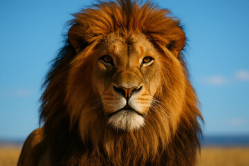 Majestic adult male lion with golden mane in sunny african savanna