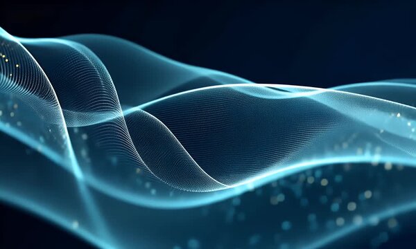 Abstract blue wave of digital data flow background, a technology concept banner with copy space, on a dark-colored background.

