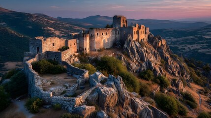 Medieval fortress perched on rugged hilltop at sunrise