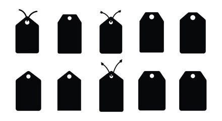 Collection of black price tags with and without strings on white background silhouette