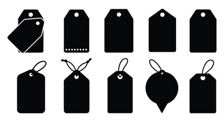 Collection of blank black price tags and labels in various shapes and styles silhouette