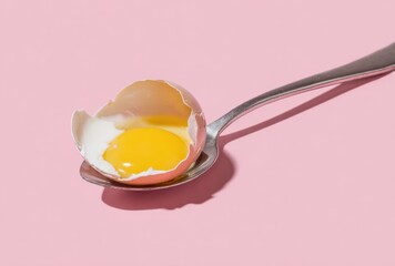 Close-up of a sunny-side-up egg with a runny yolk on a pink background, held by metal tongs