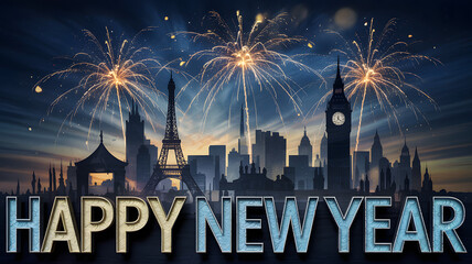 Happy new year fireworks over city skyline eiffel tower big ben london