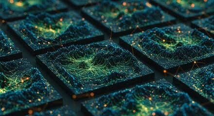 Dynamic abstract network visualization with glowing interconnected data points creating intricate topographic patterns, representing complex systems and digital innovation