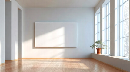 Fototapeta premium Bright and spacious minimalist art gallery featuring large blank canvas on wall, natural light streaming through large windows, and potted plant adding touch of greenery