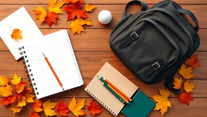 Vibrant autumn leaves frame a cozy scene of school supplies, setting the perfect mood for a season of focused learning and dedicated education.
