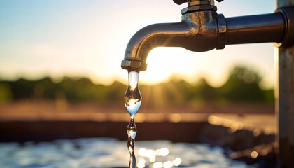 A continuous stream of clear water flows from an old brass faucet