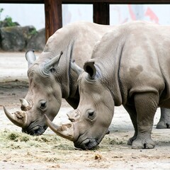 Obraz premium Two rhinos eating hay (1)