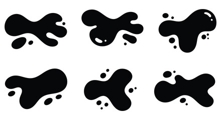 A collection of six black ink blotches on a white background silhouette