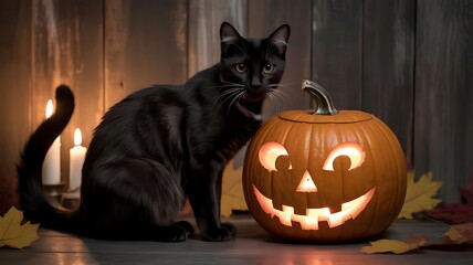 Halloween Scene with a Cat, Pumpkin and Candles