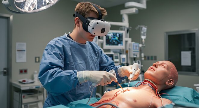 Surgeon in VR Headset Performing Simulated Surgery in Operating Room