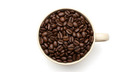 Fototapeta premium Overhead view of a mug filled to the brim with roasted coffee beans.