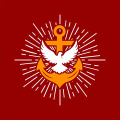 Anchor and dove logo with radiant light, symbolizing faith, peace, and Christian hope in bold orange and white on red background.