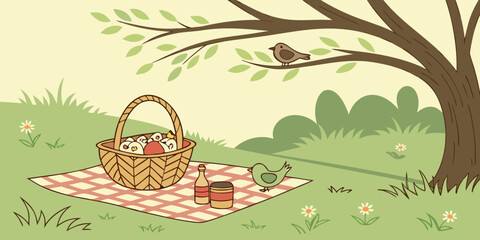 Fototapeta premium Cartoon picnic scene illustration with basket of food under tree branch and birds in nature scene stock photo on transparent background