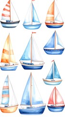 Twelve watercolor sailboat illustrations, various colors and sizes, on white background