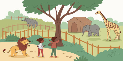 Illustration of a zoo with animals and children viewing lion elephant and giraffe drawing style vector art stock photo on transparent background