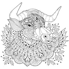Animal illustration coloring book, flower pattern, exotic ethnic traditional ornament, black and white wildlife cartoon outline hand drawing.