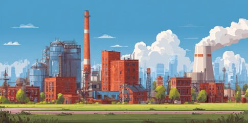 Industrial buildings with smoke stacks against a bright blue sky