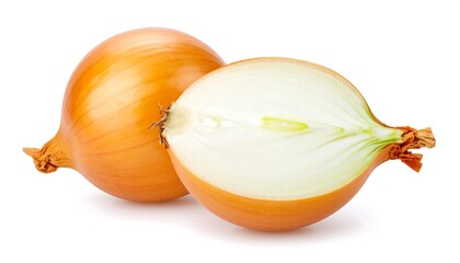 Two onions, one whole and one halved, shown against a white background