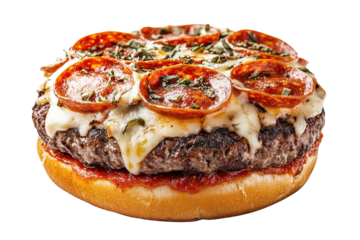 Closeup of Cheeseburger Patty with Pizza Toppings of Pepperoni and Fresh Herbs on Transparent Background