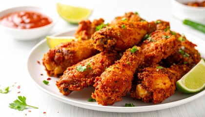 Fototapeta premium A gourmet dish of delicious fried chicken wings with a tangy sauce served on a plate with crispy french fries