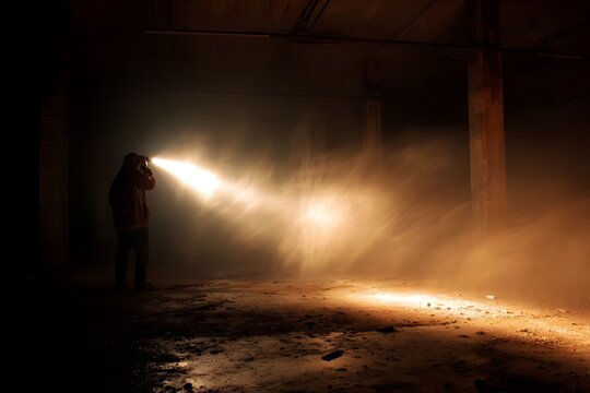 Silhouetted figure walks through dusty, abandoned space with flashlight beam cutting through fog and darkness in moody scene.
