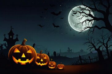 Fototapeta premium Spooky halloween night with carved pumpkins and a full moon