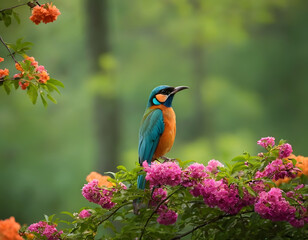 Fototapeta premium A bright exotic bird in a tropical garden, a cute bird in sunlight. A bee-eater perched on branch.