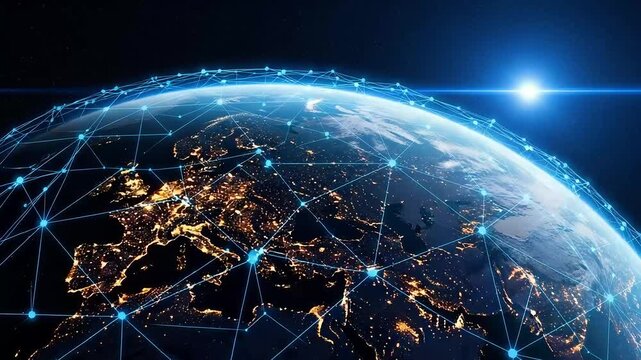 Global network connecting cities across earth at night, symbolizing digital communication and technological advancement