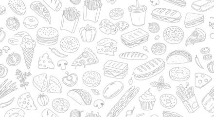 A detailed vector illustration showcases a variety of delicious food items, including a tomato, in a seamless pattern, perfect for culinary designs and backgrounds.