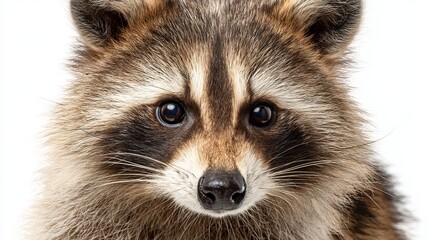 Fototapeta premium Adorable raccoon face closeup with curious eyes and fluffy fur detail against a clean white background