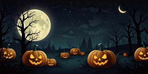 Spooky halloween night with carved pumpkins and a full moon