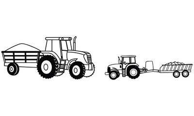 Tractor icon with Trolley Black and White vector, vehicle for Agriculture, Farming vehicle , goods carrier