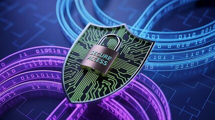 Digital shield with padlock represents cybersecurity and data protection