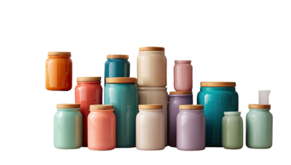 Assorted colorful ceramic jars with wooden lids