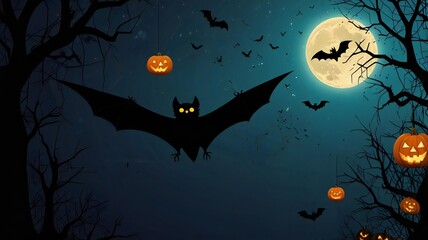 Spooky halloween night with a large bat flying towards a glowing moon