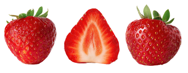 Three strawberries, one whole, one half, and another whole, isolated on a black background
