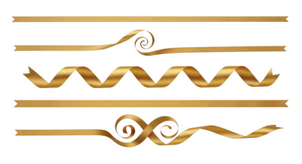 Collection of golden ribbons and decorative elements isolated on a transparent background, featuring swirls, waves, and straight lines for design