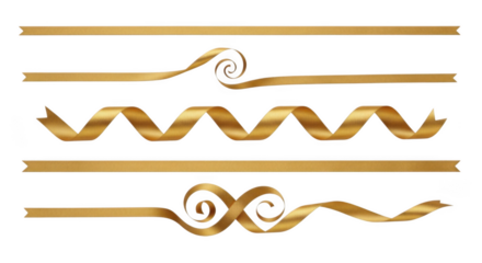 Collection of golden ribbons and decorative elements isolated on a transparent background, featuring swirls, waves, and straight lines for design