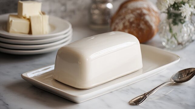 Elegant butter dish scene with fresh bread, perfect for breakfast lifestyle and culinary content creation