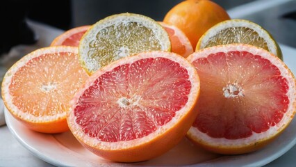 Fresh and Vibrant Grapefruit Slices Arranged in a Circular Pattern on White Plate, Kitchen Countertop Background