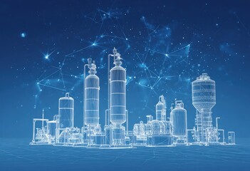 Complex, futuristic factory blueprint on blue background
