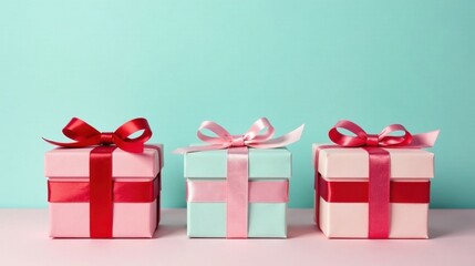 Obraz premium Three pastel-colored gift boxes with vibrant ribbon bows, arranged in a row on a soft pink surface against a tranquil aqua backdrop, symbolizing celebration and thoughtful presents