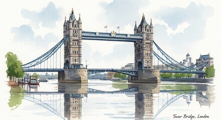 Digital painting of the modern structure and landmark of Tower Bridge (London) in watercolor style and text for display, wallpaper and more