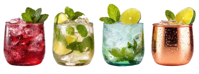 Four colorful cocktails in various glasses