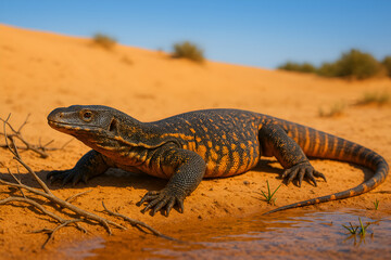 Fototapeta premium Desert monitor lizard resting on orange sand with dry shrubs