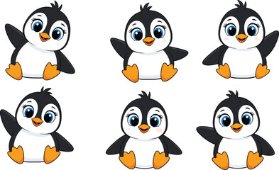 Adorable cartoon baby penguin with big blue eyes, cheerful smiling face, sitting and waving poses, cute playful bird, vector illustration, happy child animal character